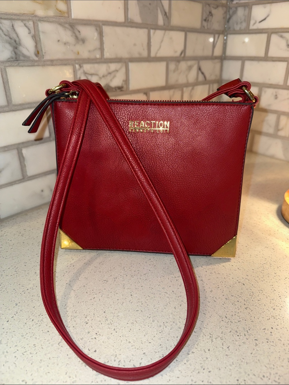 Kenneth Cole Reaction Red Pebbled Leather Crossbody with Gold Accents